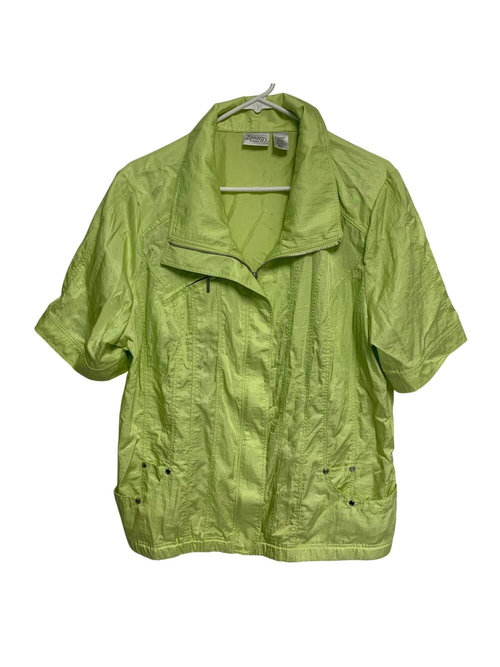 Zenergy by Chicos Vintage Lime Green Nylon Zip Up Short Sleeve Top Size 3 Reg